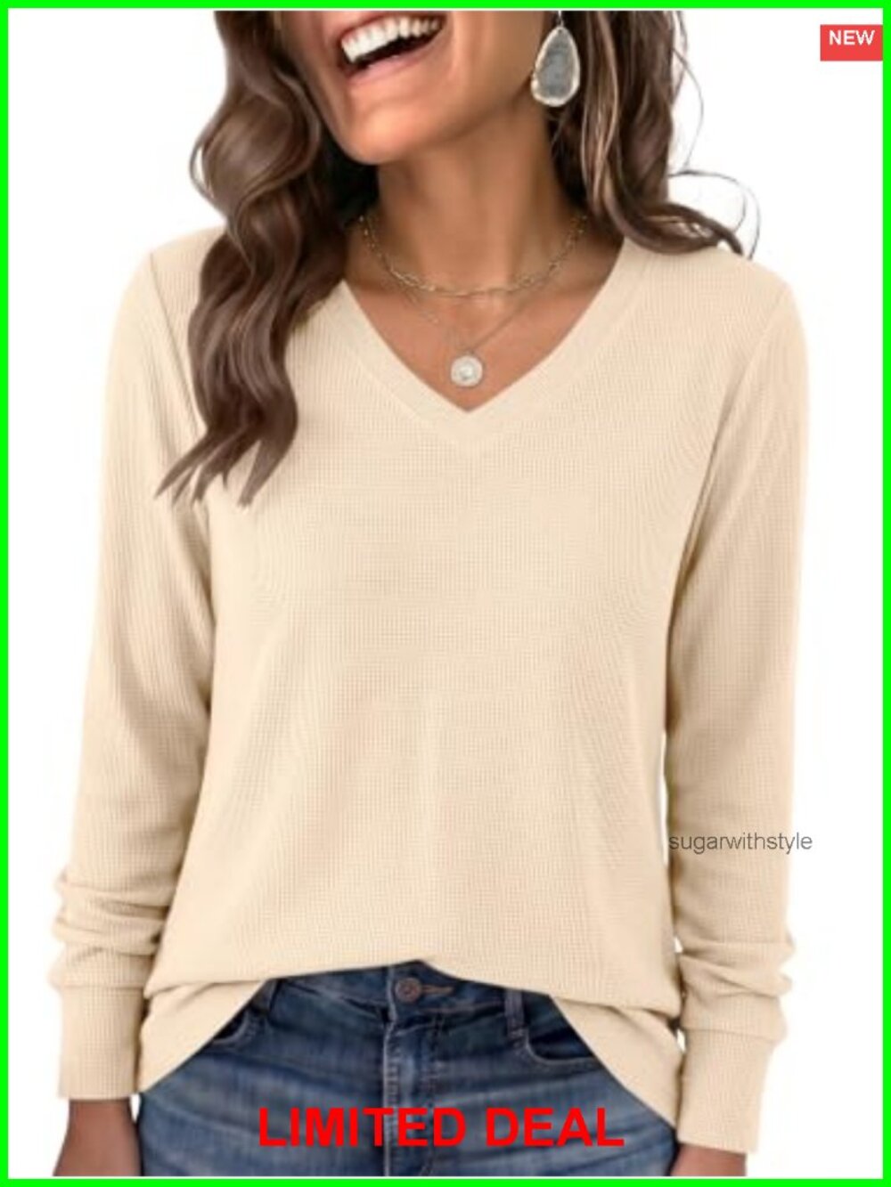 Waffle Knit V Neck Long Sleeve Tunic Top Loose Fit Casual Layering